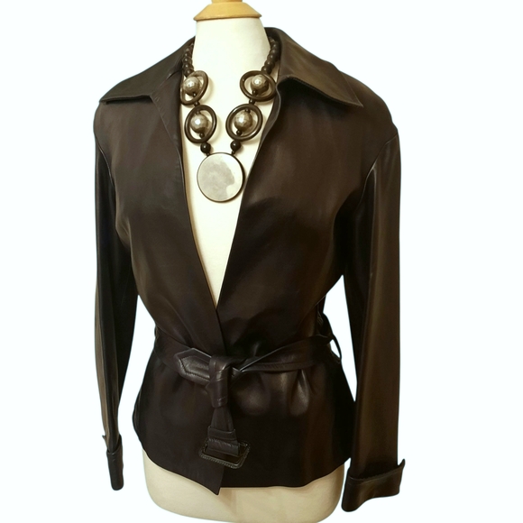 Vtg VICTOR ALFARO Open Front Loose Fit Leather Jacket w/Belt Sz 4/6 Navy - Picture 1 of 9